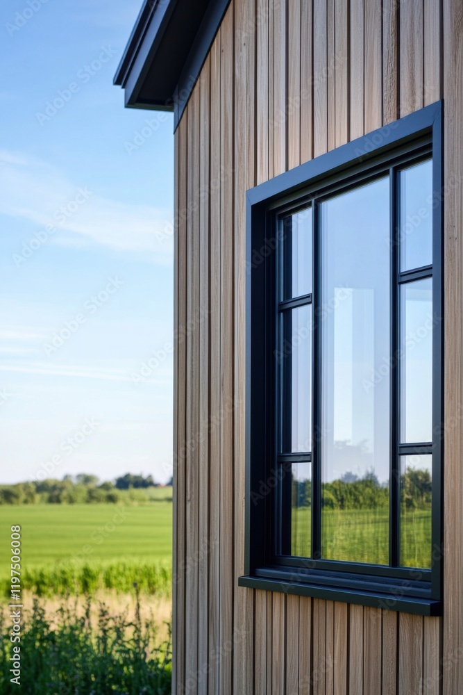 Fototapeta premium Contemporary wooden cabin window offering a stunning view of the open green fields under a clear blue sky during daytime in a serene landscape