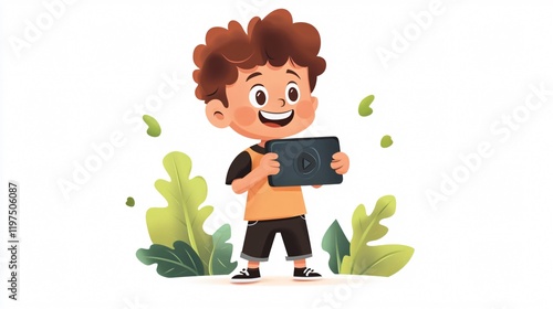 Online Cartoon Creation: Boy Making Video in Wide Angle Centered Shot