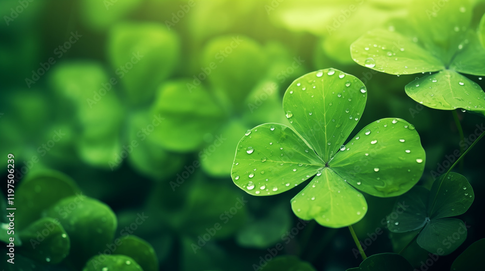 Vibrant green clover with dew drops bathed in golden sunlight, symbolizing luck and renewal in nature's embrace. Vibrant green clover with dew drops bathed in golden sunlight, symbolizing luck and renewal in nature's embrace.