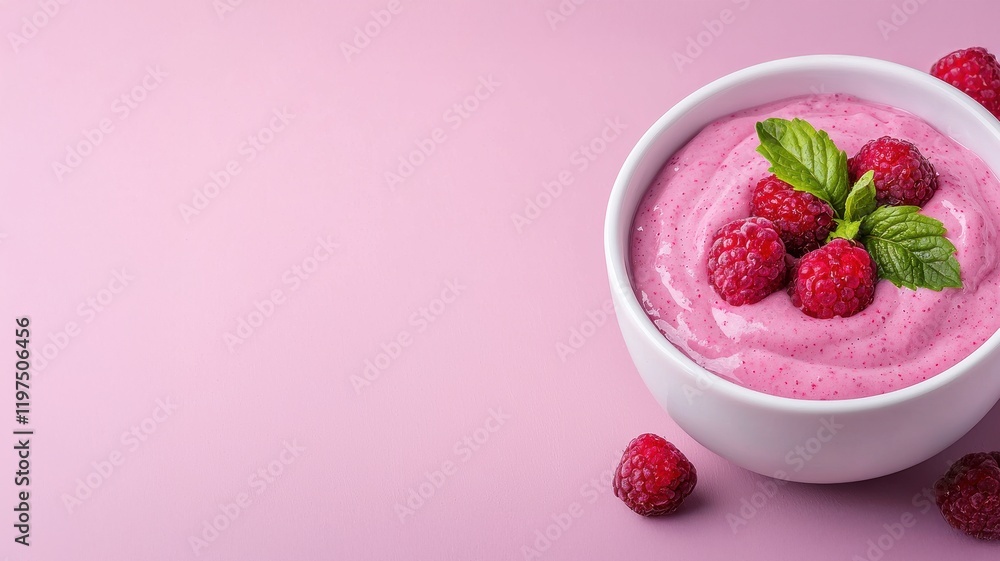 A creamy raspberry dessert in a white bowl, garnished with fresh mint leaves, set against a soft pink background. A creamy raspberry dessert in a white bowl, garnished with fresh mint leaves, set against a soft pink background.