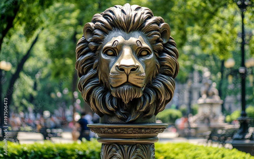 Majestic Bronze Lion Head Statue in Park Setting Majestic Bronze Lion Head Statue in Park Setting