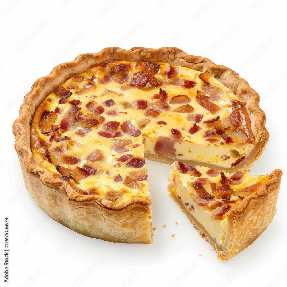 A savory quiche Lorraine with a golden crust, filled with bacon, cheese A savory quiche Lorraine with a golden crust, filled with bacon, cheese