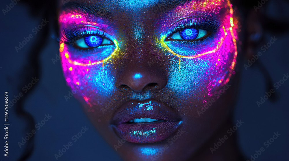 Advanced cybernetic makeup enhances woman's features with vibrant neon colors in close-up shot captured in 8K resolution Advanced cybernetic makeup enhances woman's features with vibrant neon colors in close-up shot captured in 8K resolution