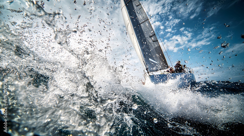 Fototapeta premium Sailboat speeding through ocean waves under a bright sky