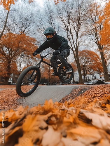 BMX Rider Soaring: Autumnal Landscape, Dynamic Action Shot photo