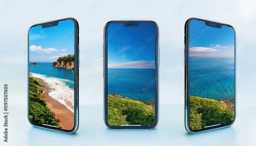 Fototapeta premium Colorful smartphones showcasing beautiful coastal views of vibrant seascapes against a serene blue background