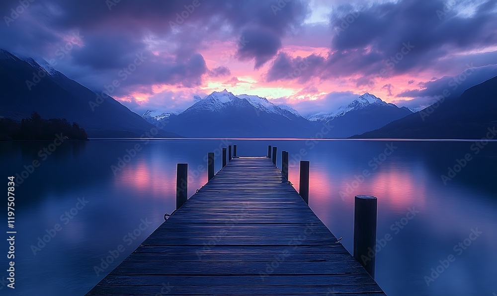 Fototapeta premium Wharf Disappearing Into the Darkness, with an Infinite Sky and Distant Glowing Mountains