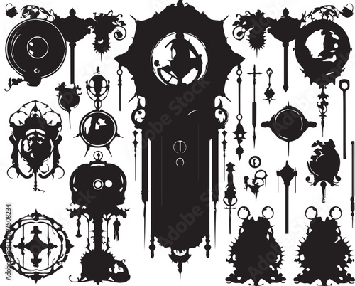 A set of minimalistic steampunk silhouettes for flat design. Hand drawn vector illustration