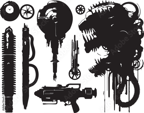 A set of minimalistic steampunk silhouettes for flat design. Hand drawn vector illustration