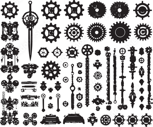 A set of minimalistic steampunk silhouettes for flat design. Hand drawn vector illustration
