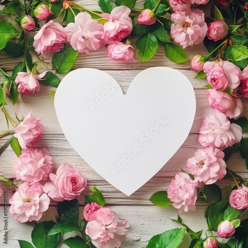 Happy Valentine's Day. Greeting card. Natural roses and sakura flowers appear near white paper heart.