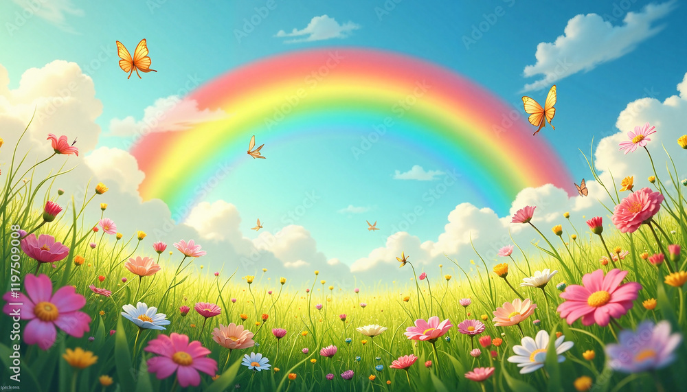 Vibrant meadow with butterflies and rainbow, nature's beauty, Butterflies in Meadow, Spring Equinox Vibrant meadow with butterflies and rainbow, nature's beauty, Butterflies in Meadow, Spring Equinox
