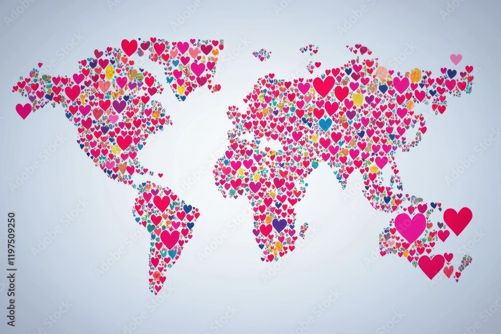 Fototapeta premium Colorful world map composed of hearts in various sizes and colors