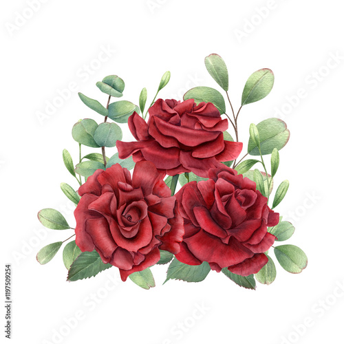 Three red roses, eucalyptus leaves bouquet watercolor illustration. Dark ruby flower in blossom, green leaf branches. For birthday greeting cards, invitation design, wedding concept, memorial day