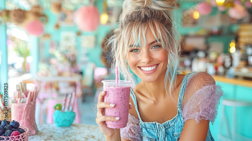 Portrait of beautiful young girl with healthy drink in vegan cafe.