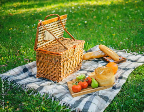 Picnic in nature with delicious food under a clear sky on a sunny day photo