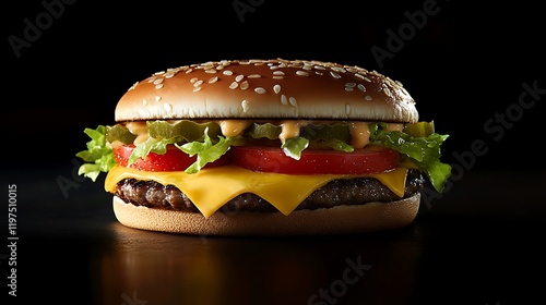 A delicious cheeseburger featuring a perfectly cooked juicy beef patty, crisp lettuce, ripe tomatoes, and melted cheese, served as a classic fast food favorite for burger lovers.