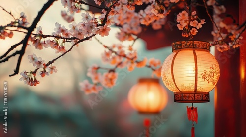 Serene Evening Scene with Cherry Blossom Branches and Traditional Lanterns Illuminating a Tranquil Outdoor Space Under a Twilight Sky