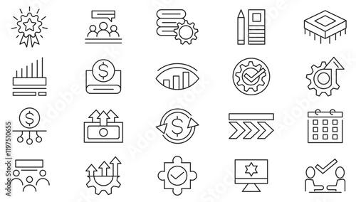 Operations line icon set. Gear, adjustments, setup, preferences, containing options, controls, service, operation, automation, productivity line icon set. UI thin line icon pack.