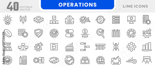Operations line icon set. Gear, adjustments, setup, preferences, containing options, controls, service, operation, automation, productivity line icon set. UI thin line icon pack.
