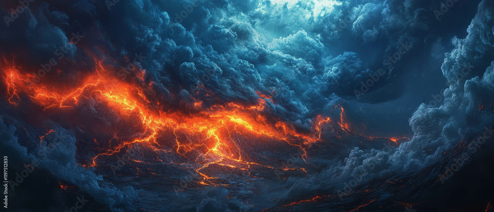 Fototapeta premium Dramatic volcanic lightning storm illuminating fierce lava flow against dark clouds