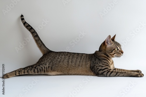 A cat loosening up in a relaxed stretch, showcasing its playful and flexible nature. This pose highlights the cat's agility and comfort in its space. photo