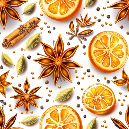 Seamless pattern with dried oranges, star anises, cardamom pods, pepper on white. Festive. photo