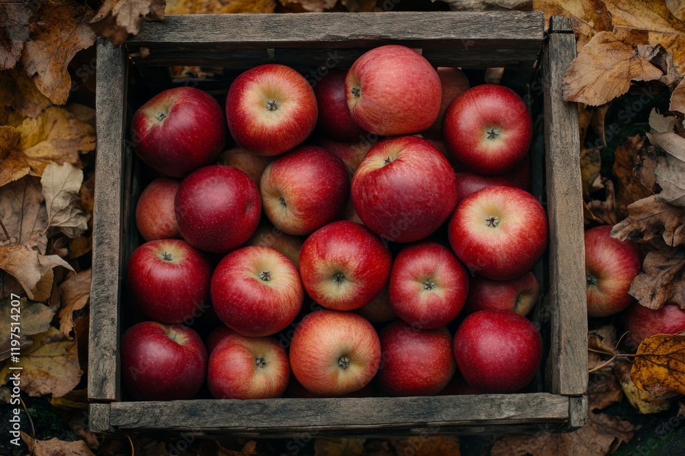 Autumn Harvest Red Apples in Wooden Crate Fall Leaves Autumn Harvest Red Apples in Wooden Crate Fall Leaves