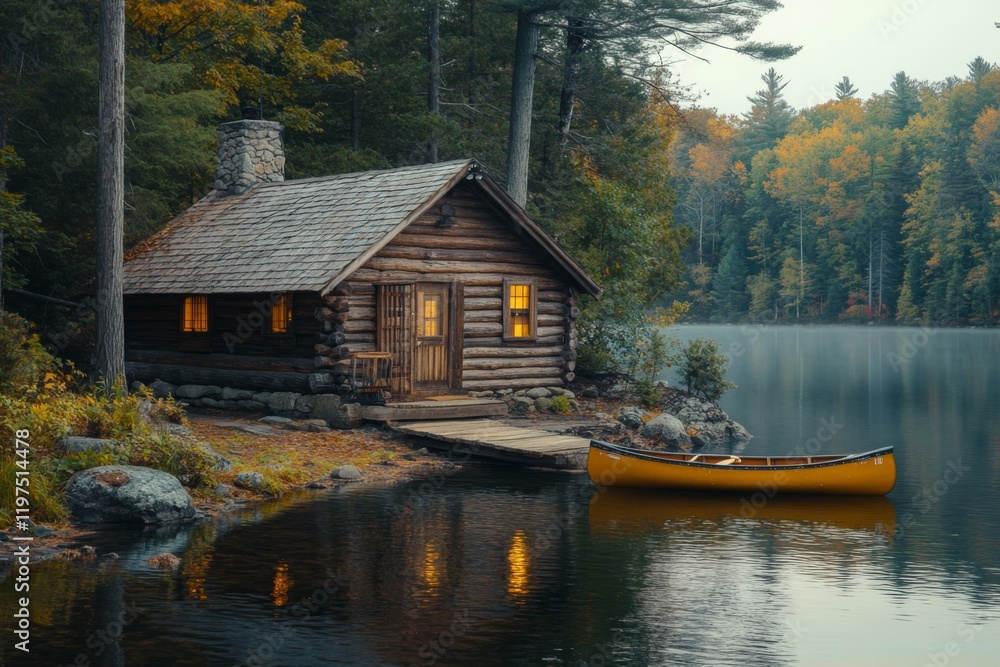 Fototapeta premium Cozy Log Cabin by Lake Autumn Scenery Peaceful Retreat