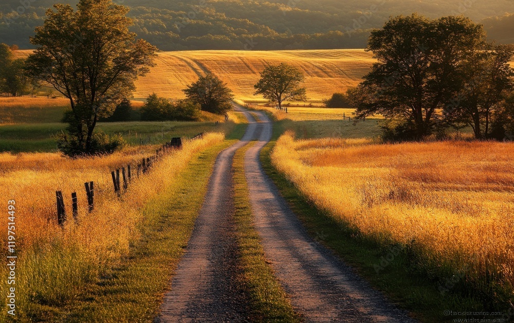 Fototapeta premium A calm country road surrounded by golden fields at sunset, with the warm light casting long, soft shadows over the path, evoking a sense of tranquility and solitude 