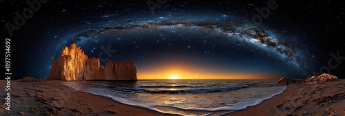 Sunset, ocean waves on sandy beach with dramatic rock formations and Milky Way galaxy above.
