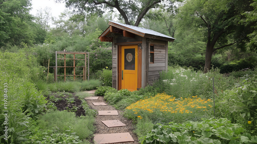 Rustic Wooden Shed in a Tranquil Garden Path: A Peaceful Retreat Surrounded by Vibrant Flowers, Greenery, and Eco-Friendly Landscaping Rustic Wooden Shed in a Tranquil Garden Path: A Peaceful Retreat Surrounded by Vibrant Flowers, Greenery, and Eco-Friendly Landscaping