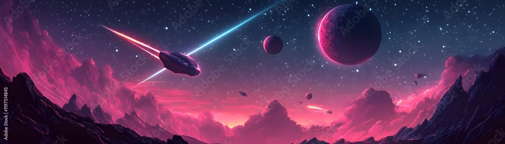 A breathtaking cosmic scene featuring a vibrant nebula, distant planets, and a sleek spaceship cruising through the stars. Perfect for science fiction and astronomy enthusiasts. A breathtaking cosmic scene featuring a vibrant nebula, distant planets, and a sleek spaceship cruising through the stars. Perfect for science fiction and astronomy enthusiasts.