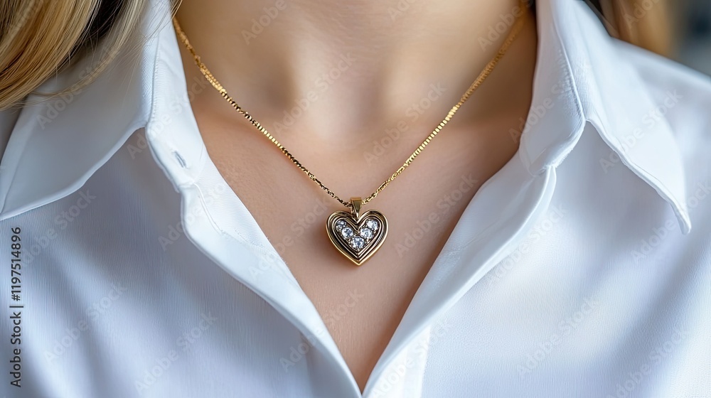 Close-up view of a woman's neck showcasing a golden heart-shaped pendant and a layered paper clip chain against a white shirt Close-up view of a woman's neck showcasing a golden heart-shaped pendant and a layered paper clip chain against a white shirt