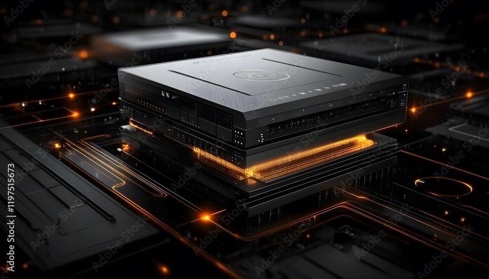 A close-up view of modern computer hardware, showcasing a sleek black processor atop a circuit board with glowing connections, representing advancements in digital technology. A close-up view of modern computer hardware, showcasing a sleek black processor atop a circuit board with glowing connections, representing advancements in digital technology.