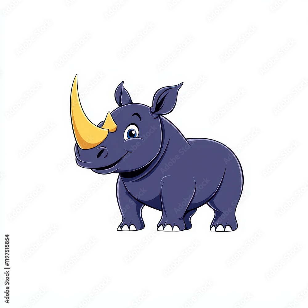 Obraz premium A Cute Cartoon Rhino Character with a Big Horn Smiling in a Simplistic Style, Perfect for Children’s Books, Educational Material, and Fun Illustrations
