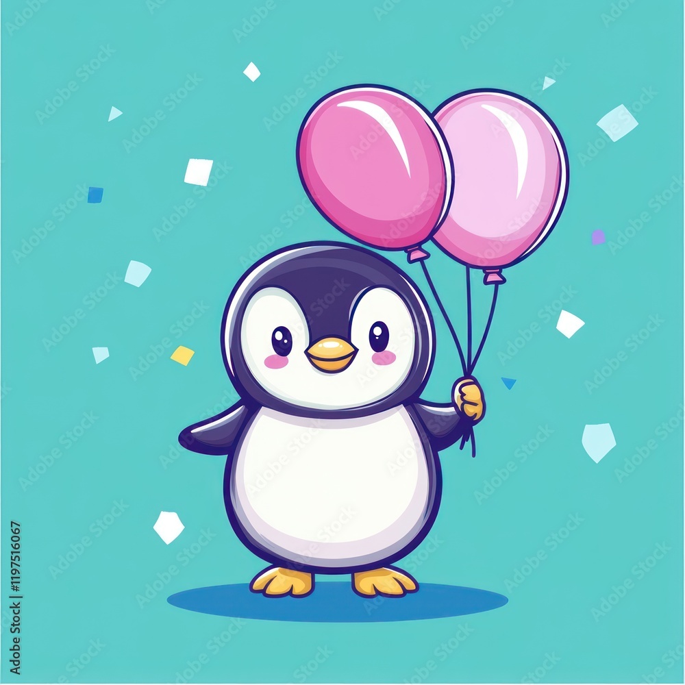 Penguin holds two pink balloons on blue background with confetti for a greeting card Penguin holds two pink balloons on blue background with confetti for a greeting card