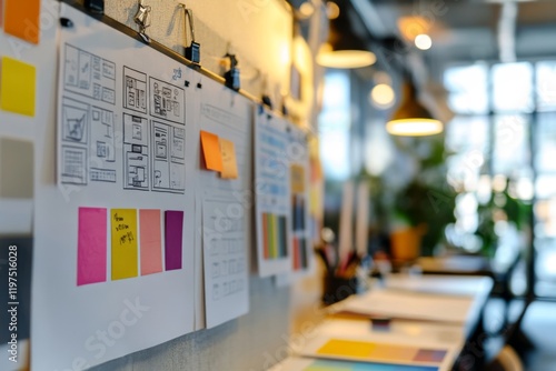 Creative office space with brainstorming notes on the wall