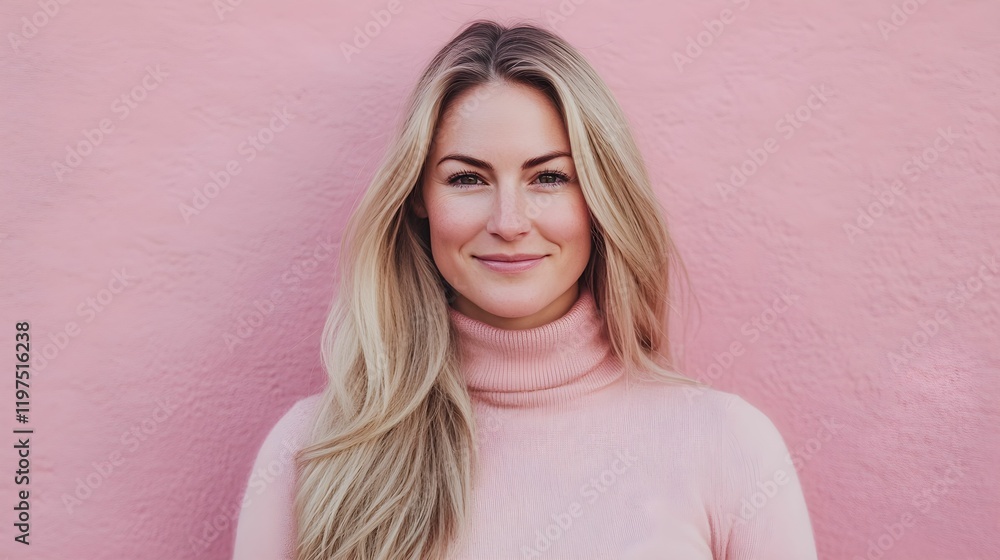 Fototapeta premium kobieta, blond włosy, różowy sweter, różowe tło, długie włosy, uśmiech, radość, wiosna, portret, pastelowe kolory, delikatność, piękno, naturalność, moda, elegancja, nowoczesność, stylowy wygląd, zado