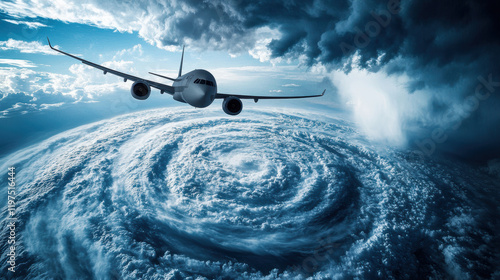 Airplane flying above massive cyclonic storm with dramatic clouds photo