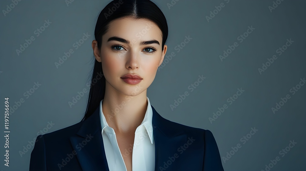 Fototapeta premium kobieta, czarne włosy, proste włosy, elegancja, marynarka, biurowy styl, profesjonalny look, bizneswoman, portret, minimalistyczne tło, profesjonalna fotografia, kobieta w biznesie, formalny strój, bi