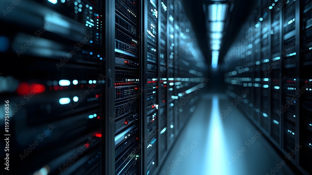 A futuristic data center showcasing rows of server racks illuminated by soft blue light. The image conveys an advanced IT environment with emphasis on technology and innovation. A futuristic data center showcasing rows of server racks illuminated by soft blue light. The image conveys an advanced IT environment with emphasis on technology and innovation.