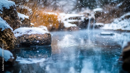 Wallpaper Mural A relaxing hot spring amidst winters calm, with snowflakes gently falling and the water invitingly warm. Torontodigital.ca