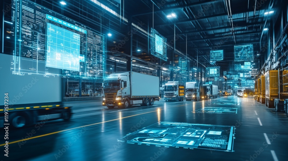 Fototapeta premium Advanced Logistics Control Room with Screens and Trucks in Warehouse