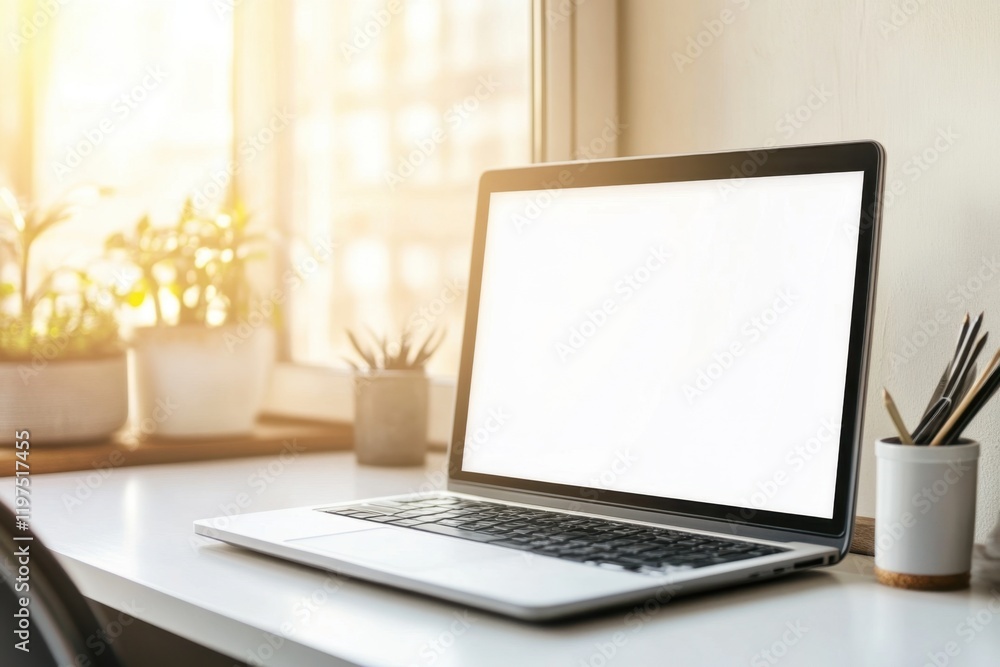 Fototapeta premium Bright workspace with a laptop and greenery during golden hour, inviting creativity and inspiration for productivity