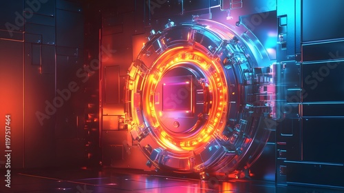 A futuristic glowing portal with vibrant orange and blue lights set against a metallic background. This image embodies the essence of advanced technology and innovation. photo