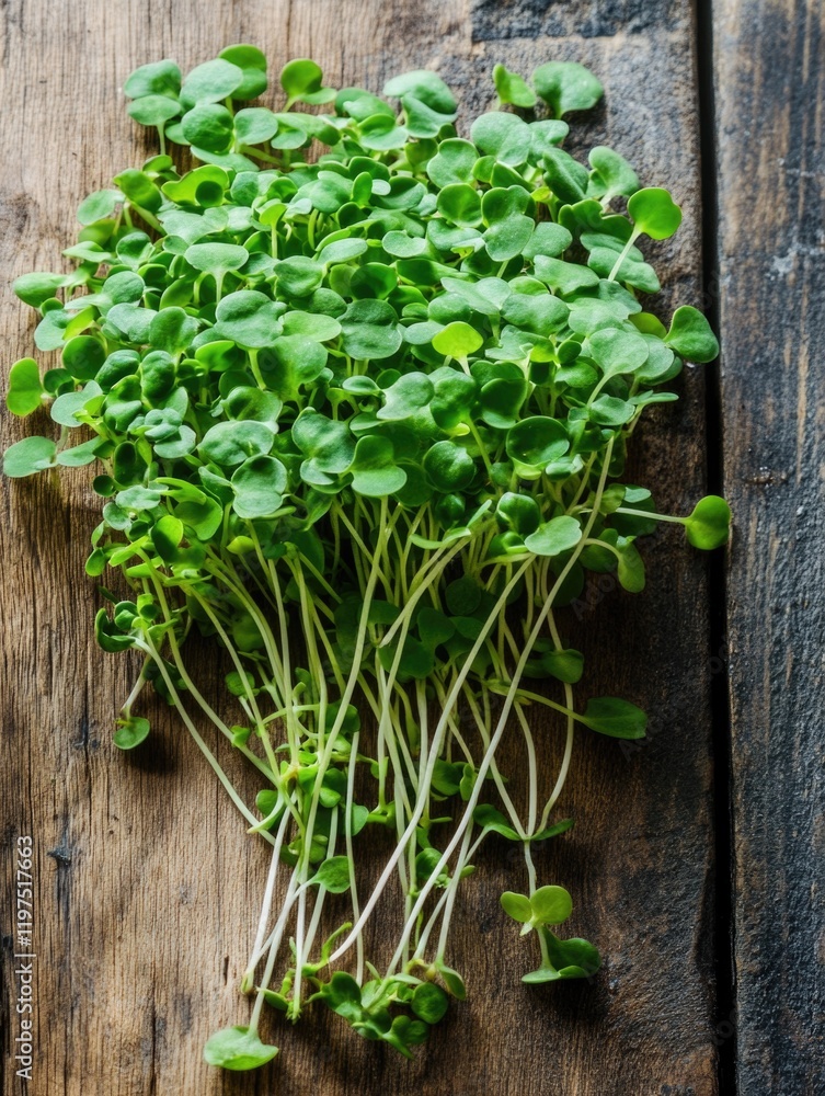 A bunch of young basil sprouts growing together on a wooden surface, symbolizing freshness and natural growth. A bunch of young basil sprouts growing together on a wooden surface, symbolizing freshness and natural growth.