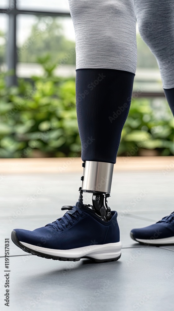 custom made wallpaper toronto digitalFocus on a man's prosthetic leg in blue sporty sneakers while engaging in running on a serene path surrounded by nature