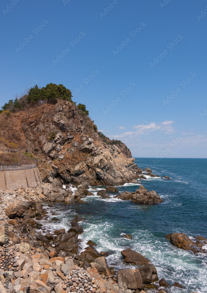 Rocky coastline on the east sea, North Hamgyong Province, Chilbo Sea, North Korea Rocky coastline on the east sea, North Hamgyong Province, Chilbo Sea, North Korea