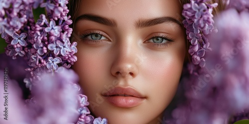 Close-up of a young woman with blue eyes, surrounded by vibrant purple blossoms. Sensual and serene beauty concept.